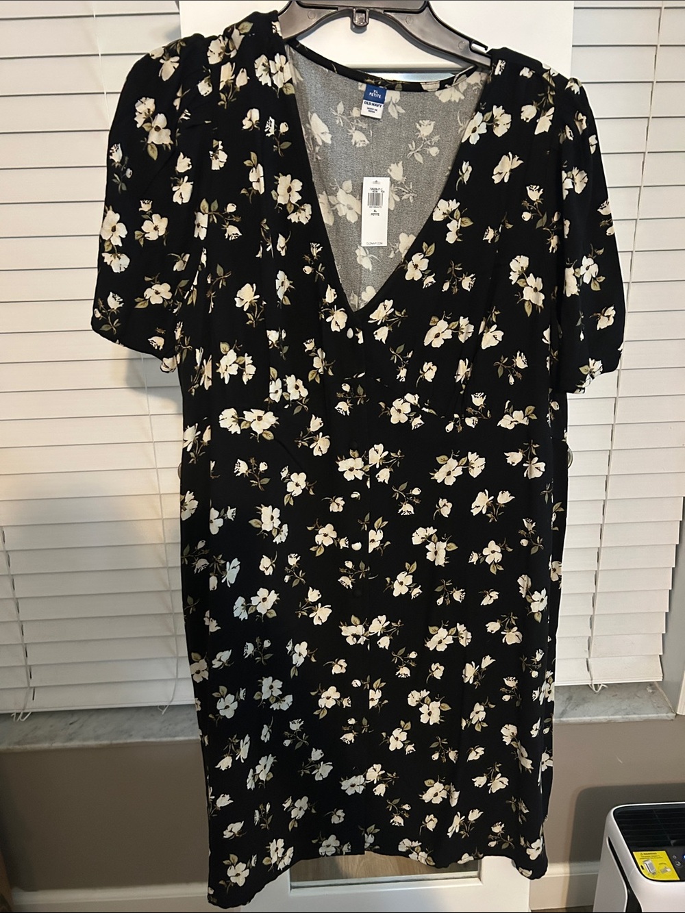 Old Navy Black Floral V-Neck Dress with Cream Blooms